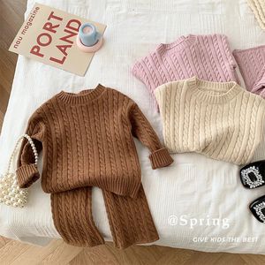 Pullover Children Sweater 06 Years Old Autumn Korean Clothing Girls Fashion Solid Color Long Sleeve Tops Pants 2pcs Baby 231030