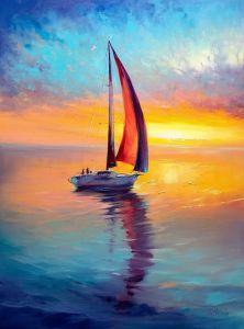 Dipinto a mano Paesaggio marino Vela Pittura a olio Replica Vele rosse Paesaggio al tramonto Immagine su tela per bagno, decorazione della sala studio