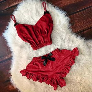 Women's Sleepwear Shorts Bowknot Camisole Stain Velvet V-Neck Set Women Pajamas Sexy Seamless Tops For Pack Pin Up Lingerie Padded