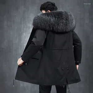 Casacos de Trench Masculinos Inverno 2023 Pai Superar Pele Longa Um Espessado Oversized Raccoon Collar Windbreaker Casual Roupas de Cor Sólida