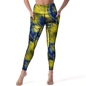 Kvinnors leggings fractal marmor sexig gul blå träna yoga byxor höga midja stretch sport tights fickor mode grafiska leggins