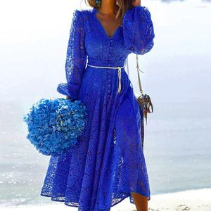 Vestidos casuais mulheres férias 2023 moda elegante doce hallow lace out vestido sexy festa sólida outono vestidos azul