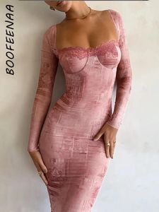 Casual Dresses Boofeenaa Print Mesh Square Neck Long Sleeve Dress for Party Elegant Sexy BodyCon Midi 2023 Fall Clothes Women C66DD22