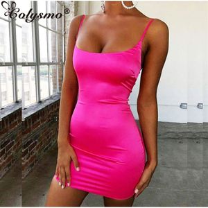 Colysmo Stretch Satin Mini Kleid Frauen Sexy Straps Slim Fit Bodycon Party Kleid Neon Grün Rosa Dual-layered Robe femme2243