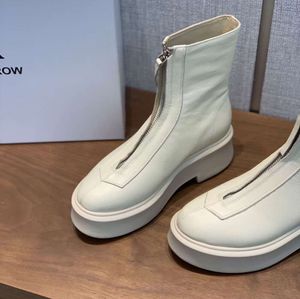 5A The row white smooth Leather Ankle Chelsea Boots platform zip slip-on round Toe block heels Flat Wedges booties chunky boot luxury designer fashion