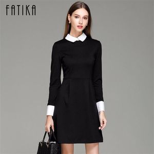 파티카 패션 가을 가을 겨울 여자의 우아한 캐주얼 드레스 슬림 피터 팬 칼라 칼라 긴 소매 검은 드레스 y2219m