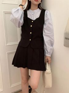 Work Dresses Alien Kitty Autumn Princess Sweet Three Pieces Suits Women Chic Slim Puff Sleeve Shirts Elegant Vest Pleated Mini Skirts Sets