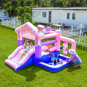 Playhouse inflável menina bouncer casa com ventilador bola pit crianças saltando jumper castelo slide bouncy ao ar livre indoor jogar diversão rosa sorvete parque brinquedos crianças meninos