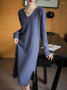 Vestidos casuais outono inverno feminino vestido de malha vintage v pescoço manga longa bottoming robe feminino all-match sweater