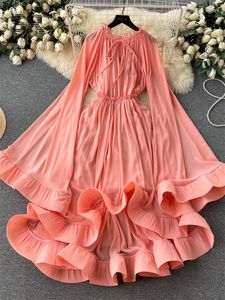 Casual Dresses Singreiny Ruffles Maxi Dress Women Summer Solid V Neck Elegant Retro Long Sleeve Ladies Fashion 2023 Party A Line
