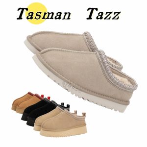 Tasman Tazz-Hausschuhe, Ultra-Mini-Stiefel, Eltern-Designer-Slipper aus kastanienbraunem Wollfell, Schaffell-Lammfell, klassische Winter-Dermis, Senfkörner-Pantoletten-Stiefel