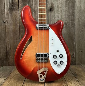 Anpassad 4005 4 strängar Fire Glo Cherry Sunburst Hollow Body Electric Bass Guitar Single F Hole Checkerboard Binding Gloss Lacquer Fingerboard Mop Triangle Inlay