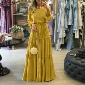 Mode off axel vestidos kvinnlig snörning bälte klänningar strand semester ruffle robe womens bohemian long maxi klänning 5xl casual240a