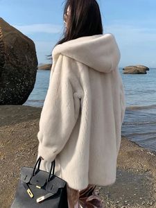 Women's Fur Faux Mink Coat Women 2023 Winter Thick Warm Hooded Jacket Elegant Lady Outwear Fluffy Top Manteau Femme High Quality 231030