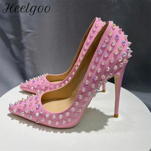 Klänningskor Heelgoo Shiny Spikes Women Patent Pink Pointy Toe Sexig High Heel Party Shoes Rivets Studs Ladies Slip On Stiletto Pumps 8-12cm 231030