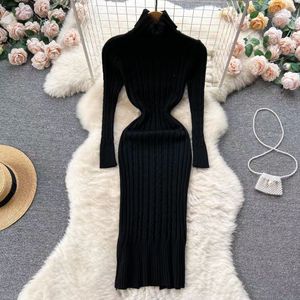 Kvinnors tröja klänning Elegant Autumn Winter Sexig Slim Bodycon Dresses Turtleneck Solid Color Thick Warm Knit Pullover Vestido 864