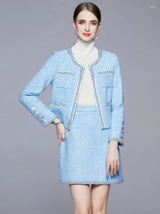 Work Dresses Autumn Winter High Quality Women Two Piece Outfits Handmade Beaded Short Tweed Coat Jacket Bodycon Skirt Suit 2 Sets