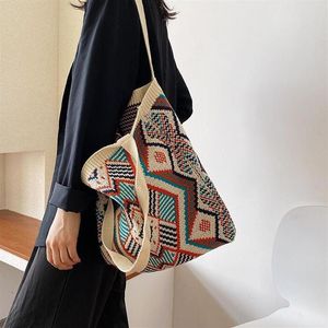 Kvällspåsar Lady Knitting Gypsy Bohemian Boho Chic Aztec Tote Bag Women virkning ull öppen shoppare topphandtag 2021Female dagligen H240B