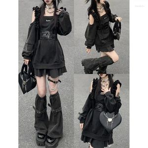 Work Dresses Harajuku Punk Loose Hoodies Dress Two Pieces Sets Women Y2K Socks Grey T-shirts Vestidos Long Sleeve College Girls