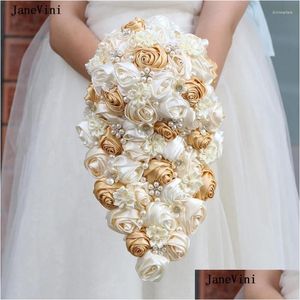 Bröllopsblommor Bröllopsblommor Janevini Fotunning Khaki Ivory Korean Waterfall Bridal Bouquets Pearls Artificial Cascading Bouquet Acc ot0ft