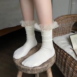 Frauen Socken Lolita Spitze Rüschen Baumwolle Weibliche JK Langes Kleid Weiß Schwarz Streetwear Calcetines Medias