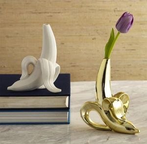 Criativo casa cerâmica fosco branco ouro banana pingente vaso floret mesa pequena boca vaso de flores decoração para casa 93333523059191