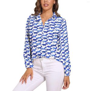 Женские блузки Свободная блузка с акварельной лошадью Синяя уличная одежда с животным принтом Женская оверсайз с длинным рукавом Красивая рубашка Весенний дизайн Топы