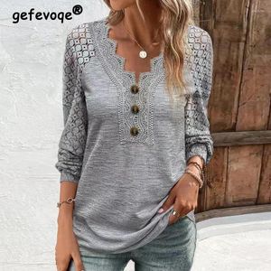 Women's T Shirts Autumn Winter Loose Casual Lace Patchwork T-shirt Ladies Long Sleeve Oversized All-match Pullover Tee V-neck Solid Top