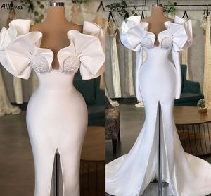 Gorgeous Ruffles Off Shoulder Mermaid Wedding Dresses Dubai Saudi Arabic White Satin Beaded V Neck Vintage Bridal Gowns Front Split Sexy Vestidos De Novia CL2853