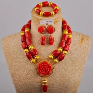 Necklace Earrings Set Beautiful Nigerian Wedding Jewelry African Women's Banquet Dress Accessories Red Natural Coral AU-681