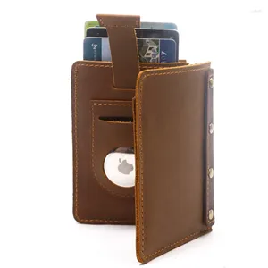 Plånböcker äkta läder plånbok för män manlig vintage kort bifold smal liten mäns handväska med dragflik korthållare id fönster airtag slot