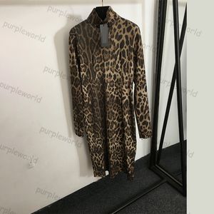 Dress Leopard Print Design Wrap Hip Slim High Neck High Waist Long Sleeve Sexy Dress