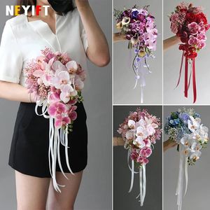 Decorative Flowers Waterfall Purple Cascading Orchid Bridal Bouquets Artificial Water Drop Style Wedding Bouquet Mariage Rose