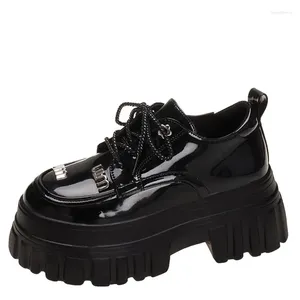 Dress Shoes 8.5cm Loafers Women Platform Patent Leather Ladies Casual Lace Up British Style Student Girls Black Beige