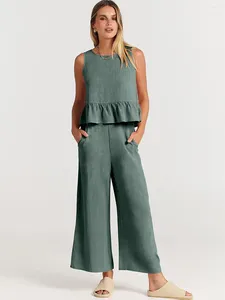 Kadınlar İki Parçalı Pantolon 2023 Yaz Giyim Kolsuz Koltuk Yelek Geniş Bacak Kırpılmış Günlük Takım Takımlar Kadın Outifits