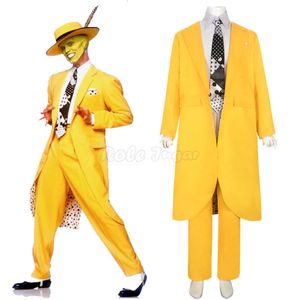 S-3XL la maschera Jim Carrey Costume Cosplay Uomo Cappotto giallo Camicia + Pantalone Uniforme Set completo Costumi di carnevale di Halloween C220X35