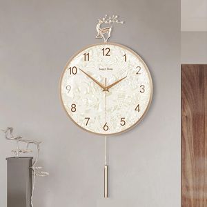 ウォールクロック高級時計デジタルホームリビングルームインテリアデザインノルディック銅鹿の装飾電子振り子時計装飾231030