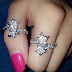Nova dupla estrela de cinco pontas moda jóias 925 prata esterlina ouro preenchimento pave branco safira cz diamante feminino casamento ajustável289h