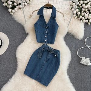 Work Dresses Fashion Ladies Jeans And Top Set Girls Halter Neck Backless Sleeveless Short Denim Two-piece High Waist Bodycon Mini Skirt