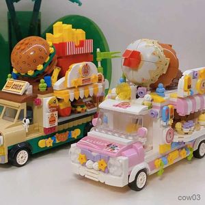 Blocos técnicos mini caminhão de comida gelo hamburgo carro blocos de construção modelo rua acampamento montar tijolos brinquedos crianças presente r231031