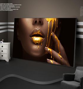 Grande mulher africana rosto arte da lona cartazes e impressões dourado sexy lábios pinturas em tela na parede arte imagem para sala de estar 4001736