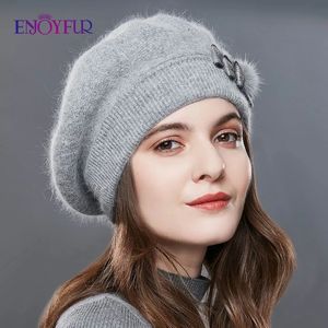 Berets ENJOYFUR Kaschmir Baskenmütze Hut Weibliche Kaninchen Gestrickte Winter Hüte Caps Dame Mittleren Alters Kappe Mode Bow-Knot Ball Gorro warme Mütze 231031