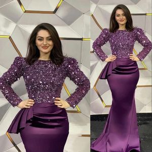 2023 Vestidos de noite glitter roxo uva lantejoulas para mulheres mangas compridas sereia vestidos de evento formal tripulação pescoço cetim vestidos de ocasião especial vestido de festa de baile