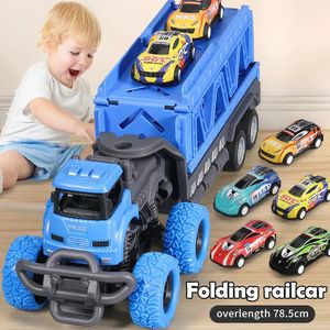 Diecast Model Deformable Rail Car Ejektion Folding Big Truck Toys for Kids Container Transporter Playset Children Gift 231031