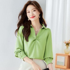 Женские блузки, весенне-осенние атласные шелковые рубашки с длинными рукавами, корейская мода, с v-образным вырезом, сложенная деловая рабочая рубашка, женские топы