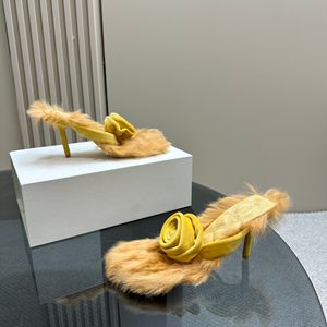 Shearling Velvet Flower Heeled Sandals Winter Mules Open-Toe Stiletto klackar Slides Brand Pumpar Slip-On Women's Evening Party Shoes Luxury Designers Factory Factwear