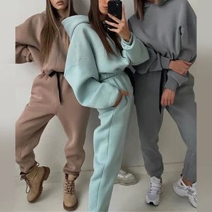 Womens Two Piece Pants Fleece Hooded Tracksuit Sets Autumn Long Sleeve Hoodies Joggers Suit Female Lady Casual Sport Set 231031