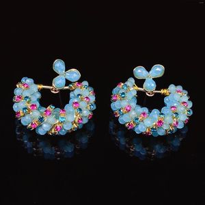 Stud Earrings EVACANDIS Handmade Designer Women's Turquoise Natural Crystal Beaded Round Zircon Plated 18k Gold S925 Silver Needle