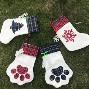 Dog Paw Christmas Stocking Large Hanging Red Plaid and White Sock 18 Inches Xmas Tree Ornament Candy Gift Bag for Holiday Fireplace Decoration Accessory