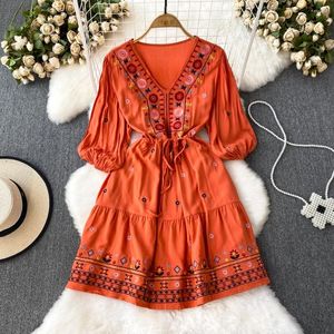 Casual Dresses Bohemian Dress For Women Embroidery Floral V-neck Elastic Waist With Belt Lace-up Holiday Beach Vestidos Folds Dropship